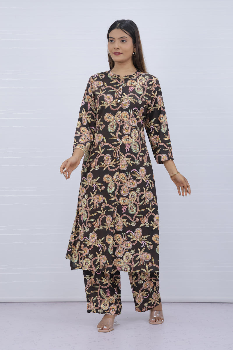Women Brown Floral Print Kurti Plazo