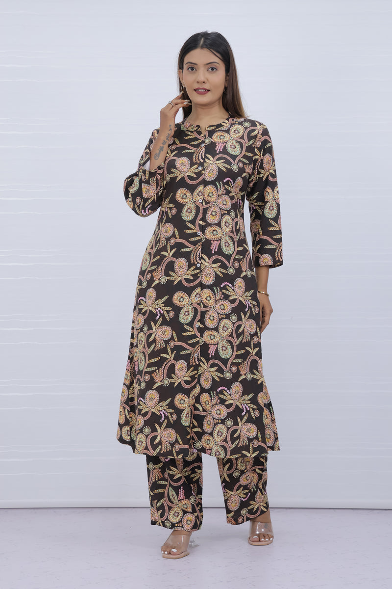 Women Brown Floral Print Kurti Plazo