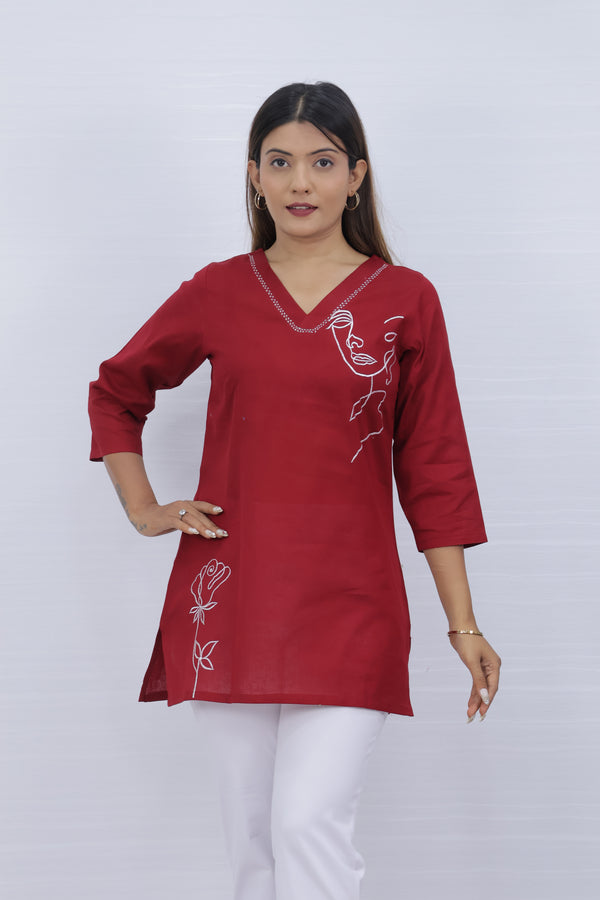 Women Red Lilen Cotton Short Top