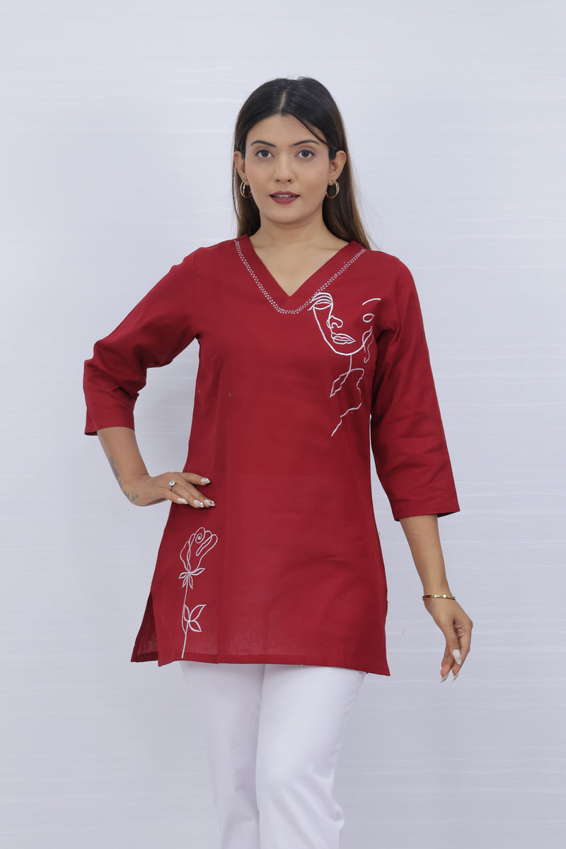 Women Red Lilen Cotton Short Top
