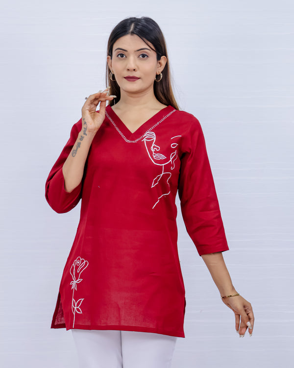 Women Red Lilen Cotton Short Top