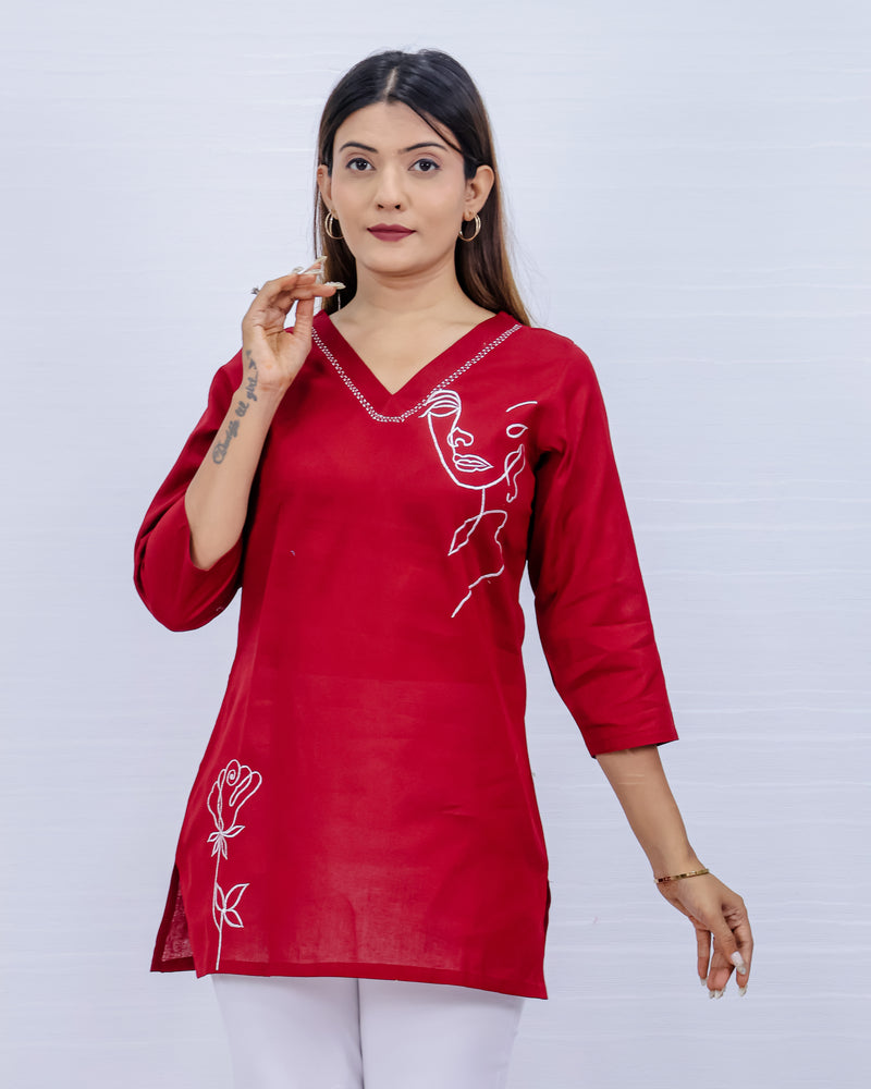 Women Red Lilen Cotton Short Top