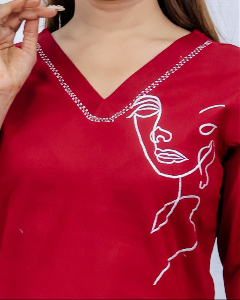 Women Red Lilen Cotton Short Top