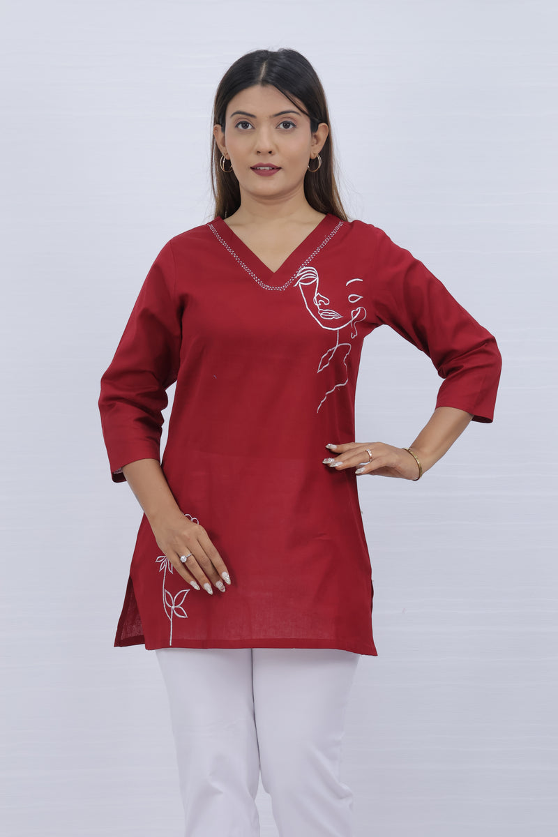 Women Red Lilen Cotton Short Top