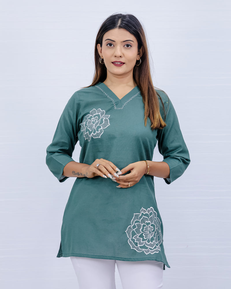 Women Green Lilen Cotton Short Top