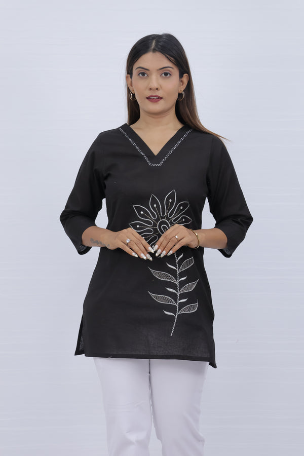 Women Black Lilen Cotton Short Top