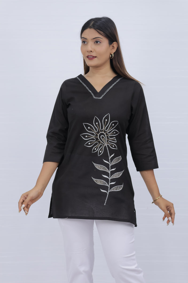 Women Black Lilen Cotton Short Top