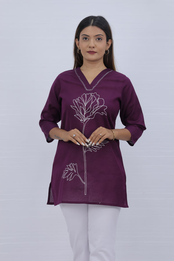 Women Purple Lilen Cotton Short Top