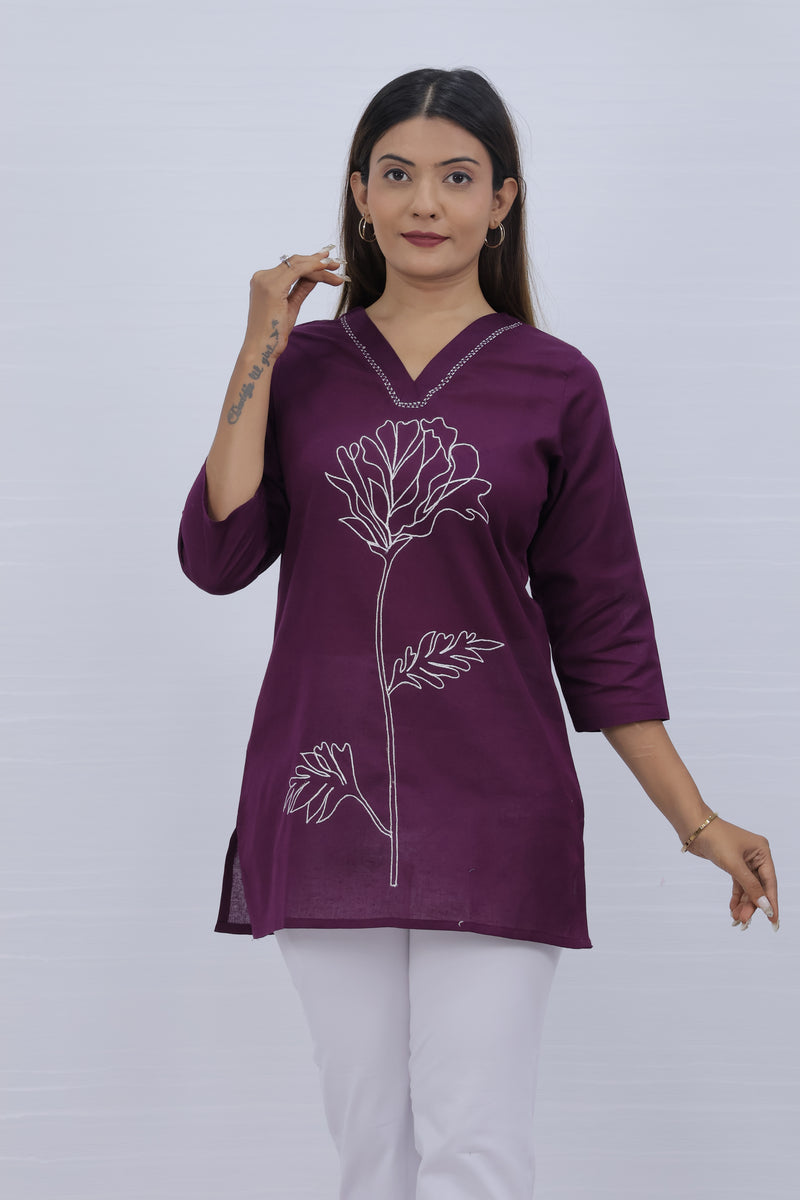 Women Purple Lilen Cotton Short Top