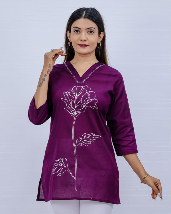 Women Purple Lilen Cotton Short Top