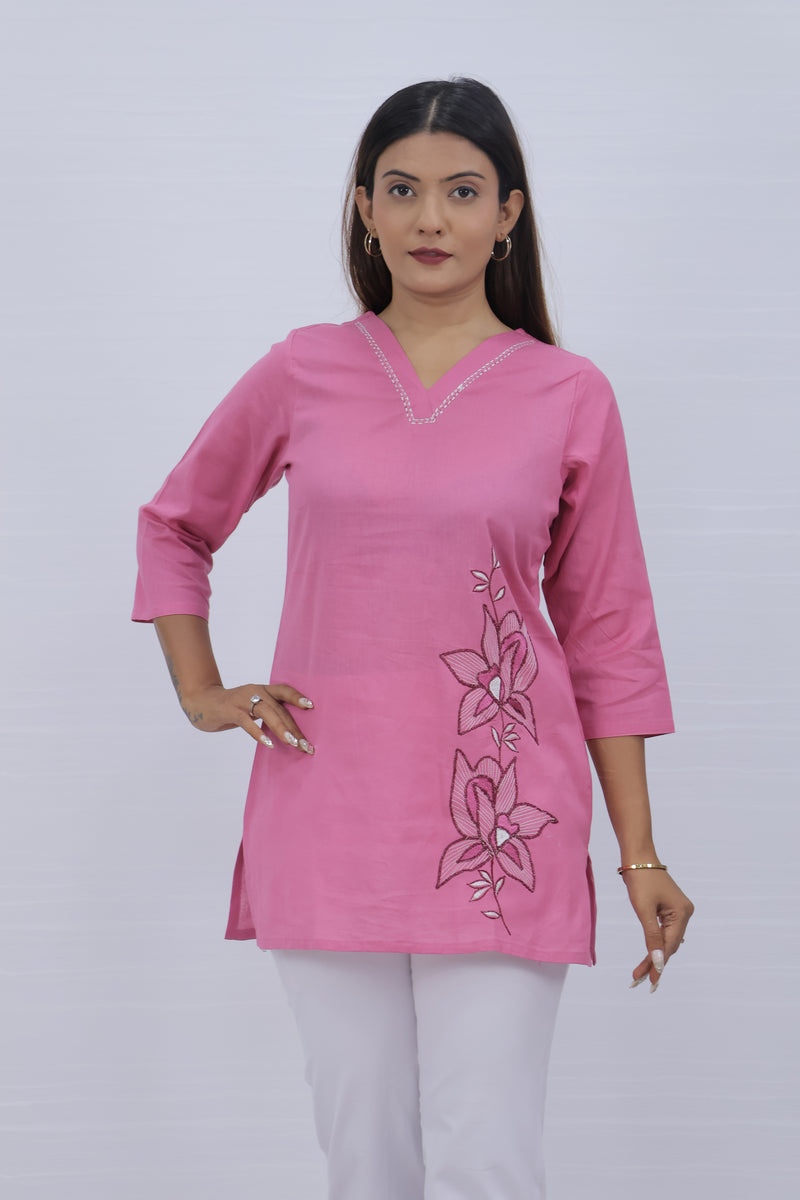 Women Peach Lilen Cotton Short Top