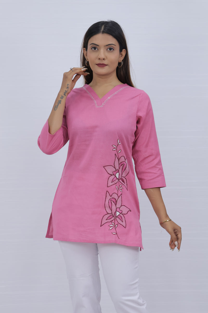 Women Peach Lilen Cotton Short Top