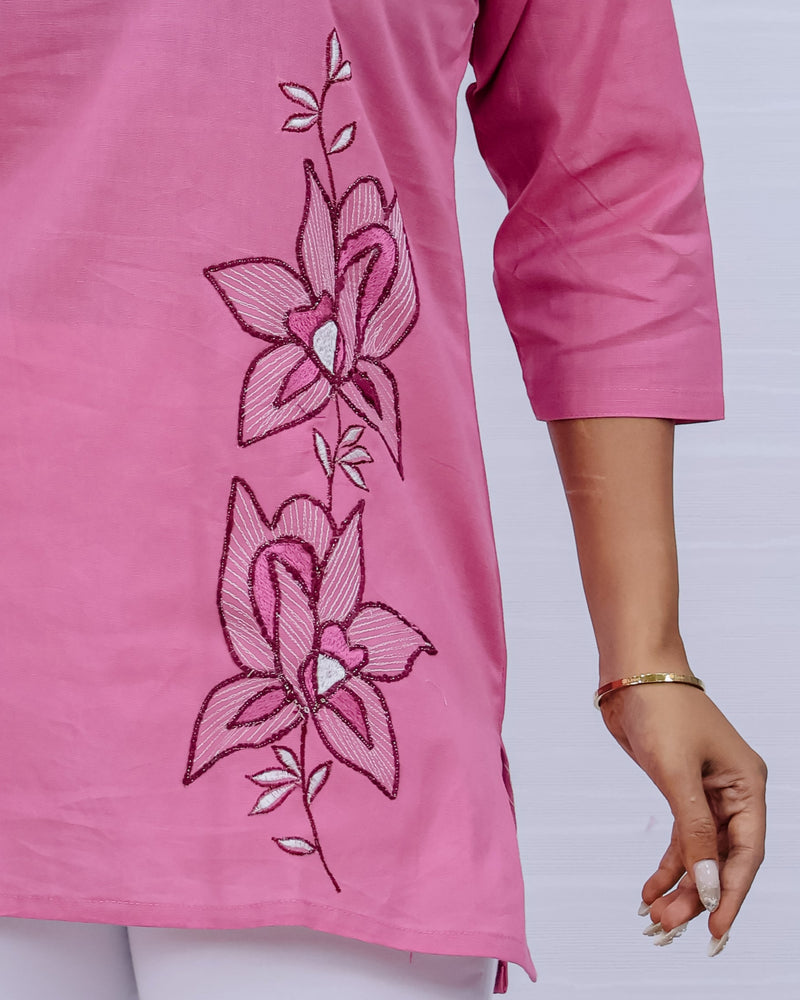 Women Peach Lilen Cotton Short Top