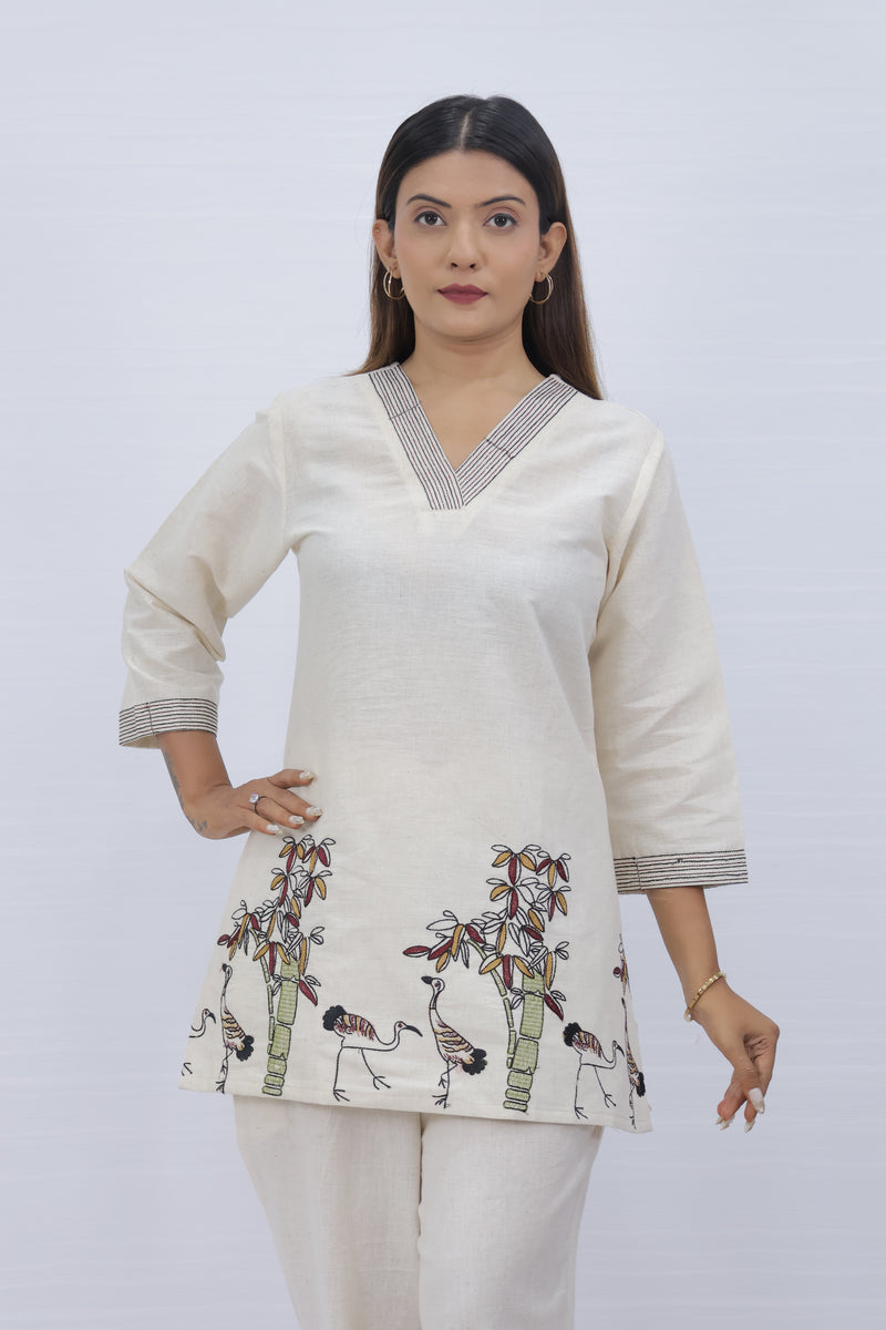 White Cotton Embroidered Short Top For Women