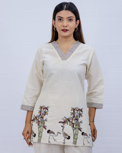 White Cotton Embroidered Short Top For Women