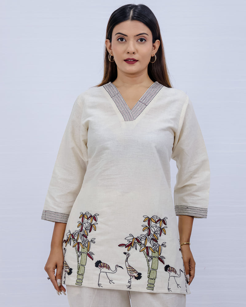 White Cotton Embroidered Short Top For Women