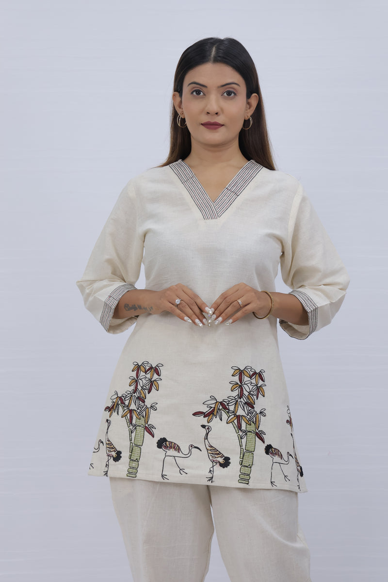 White Cotton Embroidered Short Top For Women