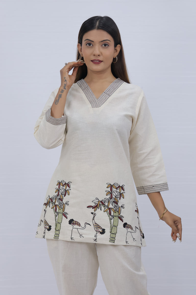 White Cotton Embroidered Short Top For Women