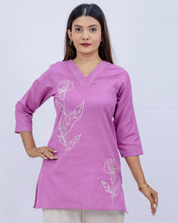 Women Pink Lilen Cotton Short Top