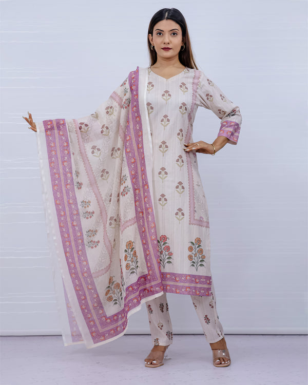 Women White-Pink Floral Slub Cotton Suit