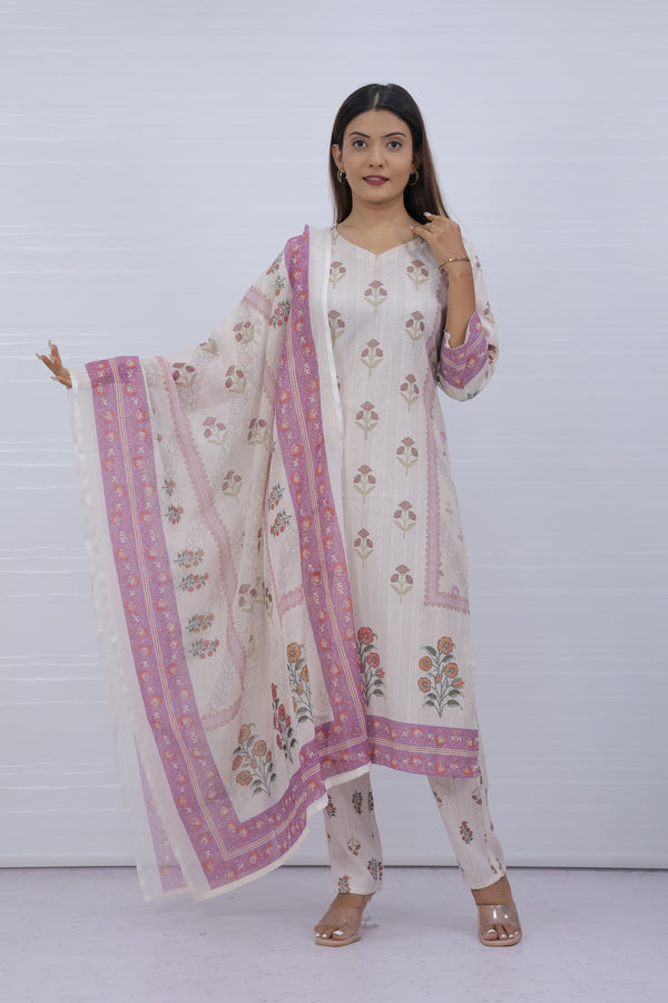 Women White-Pink Floral Slub Cotton Suit