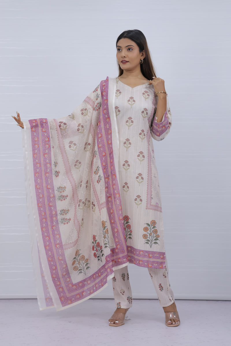 Women White-Pink Floral Slub Cotton Suit