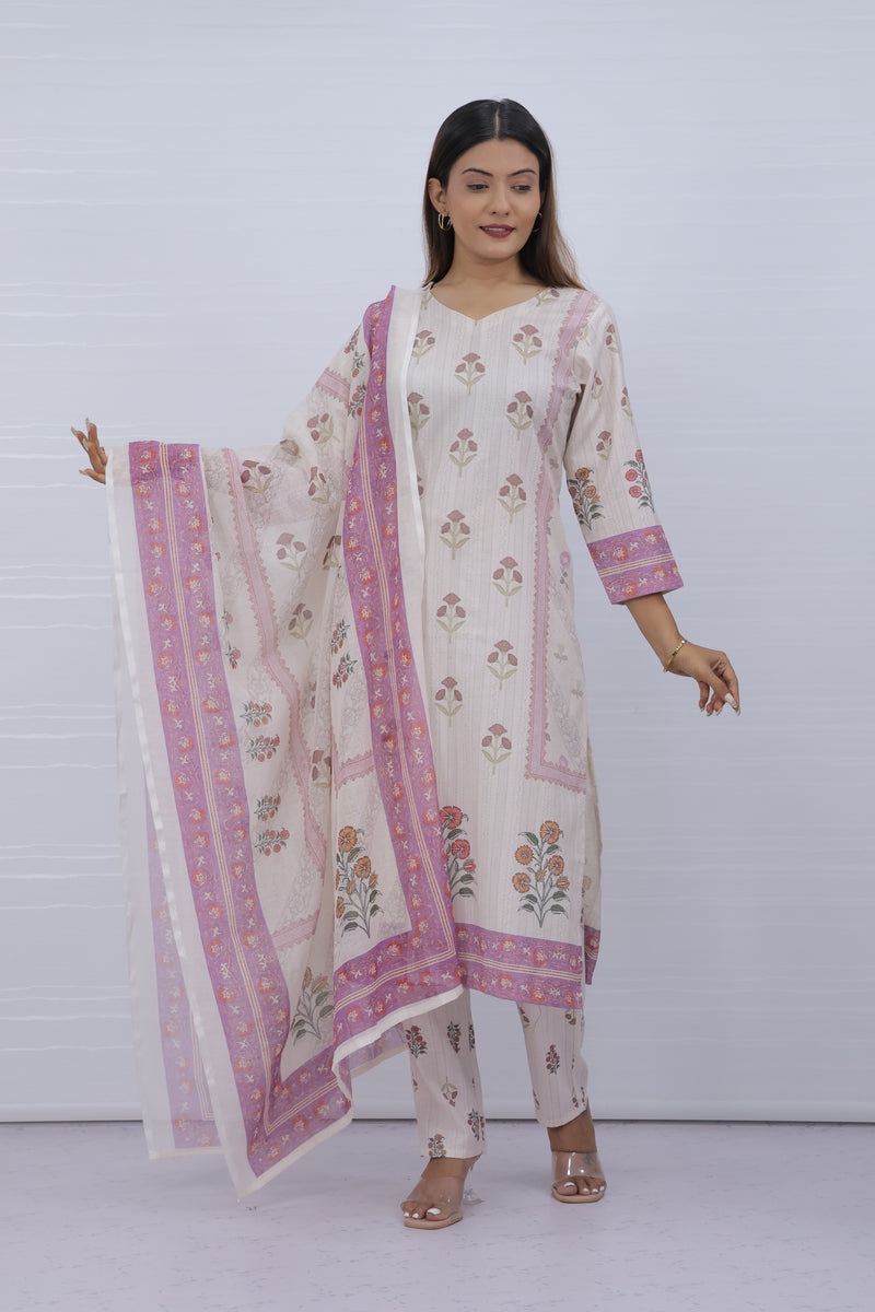 Women White-Pink Floral Slub Cotton Suit