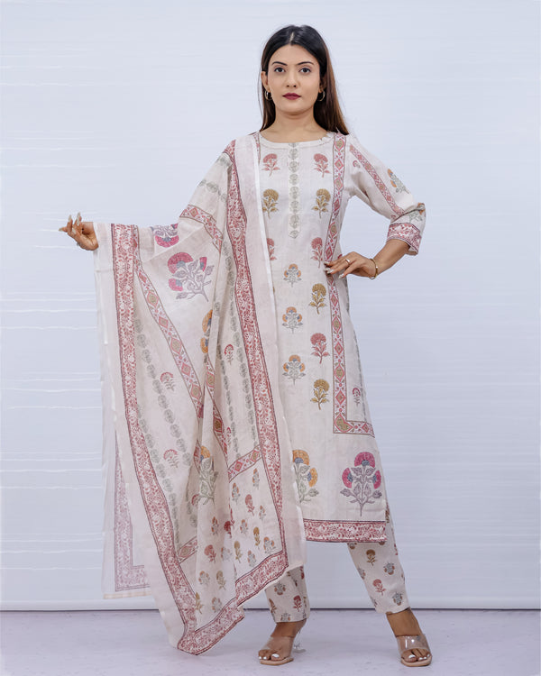 Women Off-white Floral Slub Cotton Suit