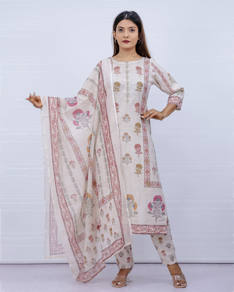 Women Off-white Floral Slub Cotton Suit