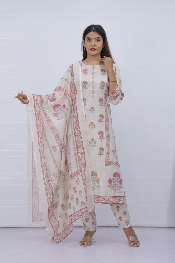 Women Off-white Floral Slub Cotton Suit