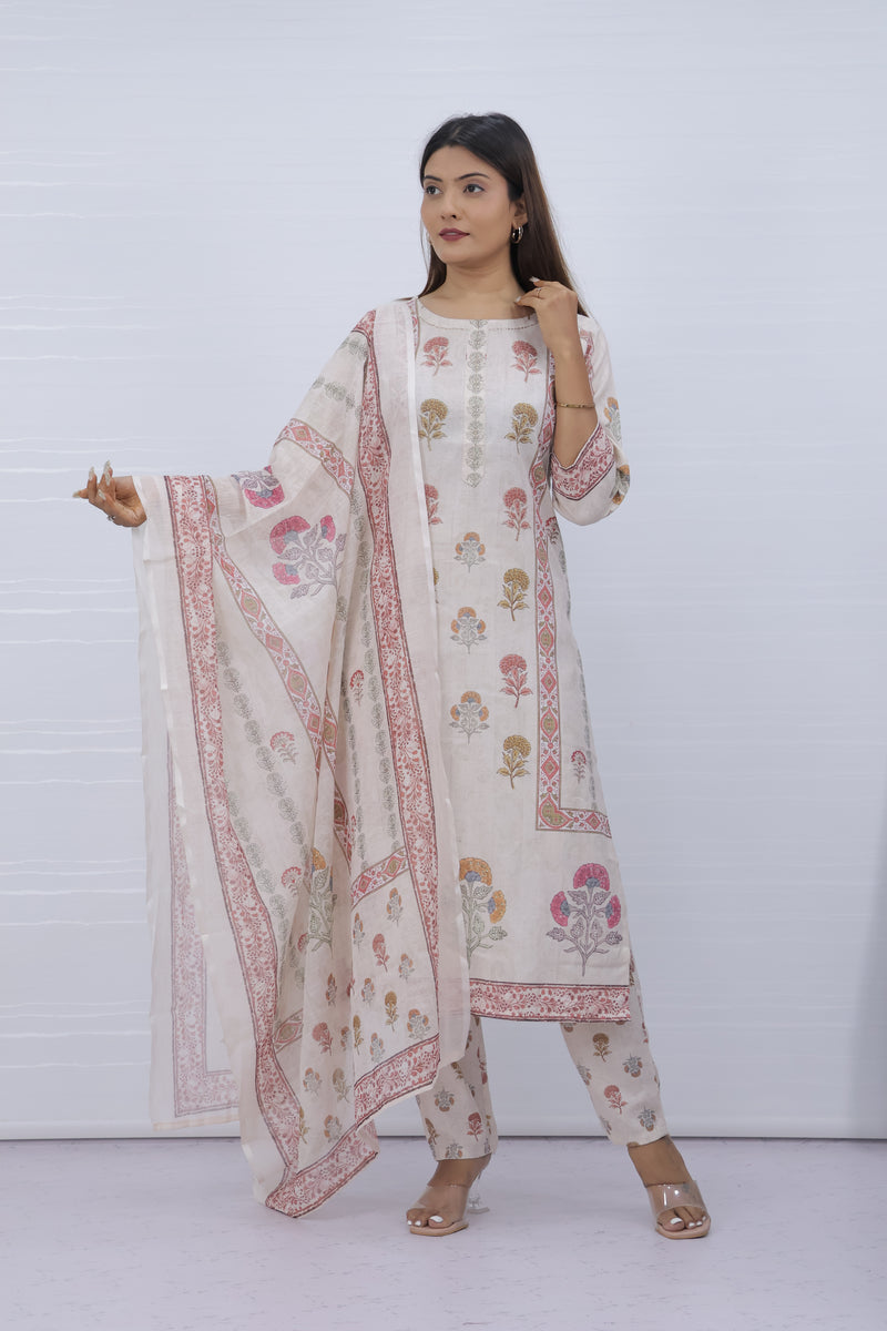 Women Off-white Floral Slub Cotton Suit