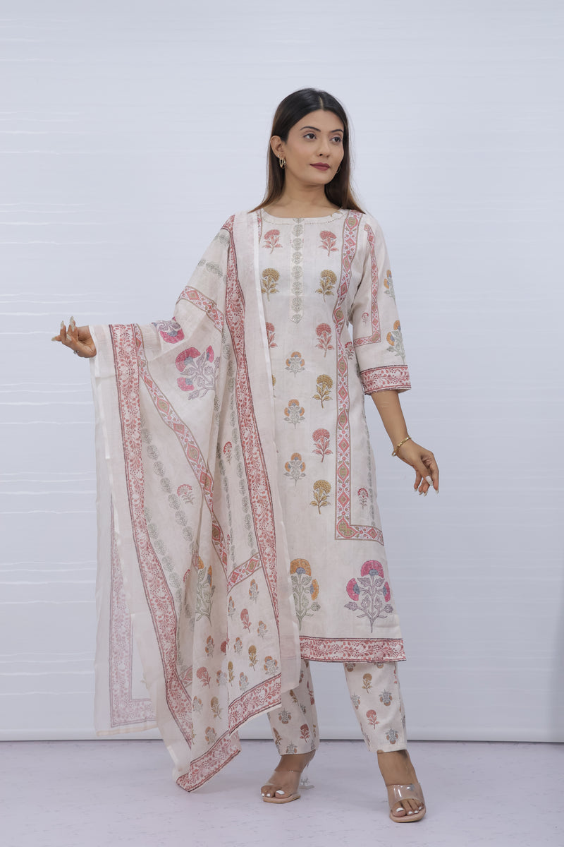 Women Off-white Floral Slub Cotton Suit