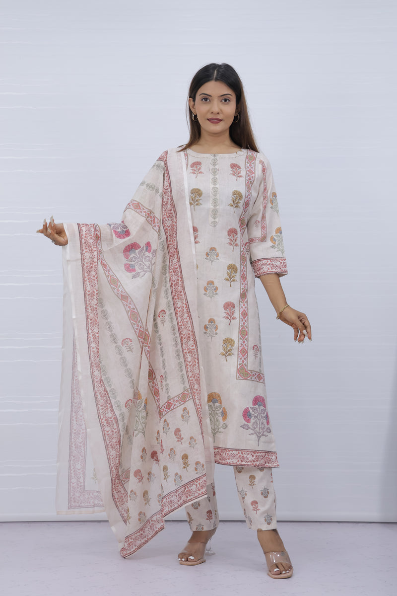Women Off-white Floral Slub Cotton Suit