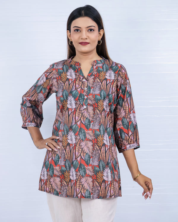 Women Maroon cotton Print Relaxed Fit Top