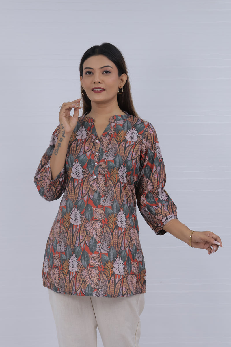 Women Maroon cotton Print Relaxed Fit Top