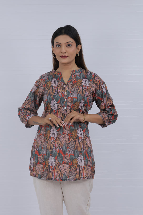 Women Maroon cotton Print Relaxed Fit Top