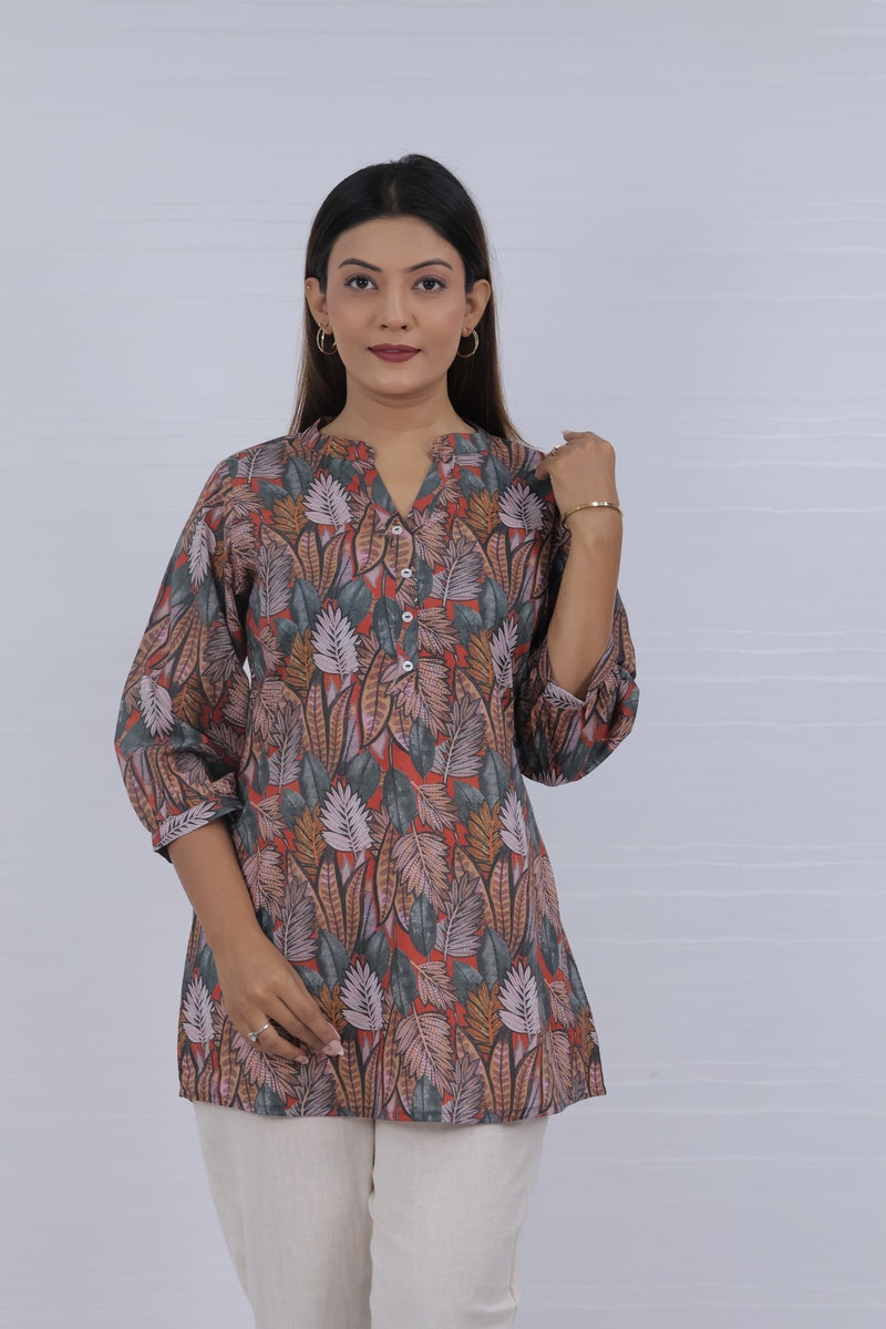 Women Maroon cotton Print Relaxed Fit Top