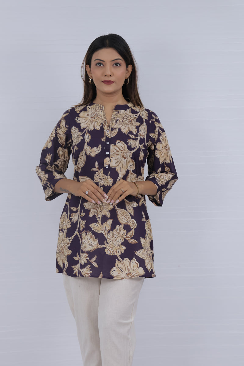 Women Blue cotton Print Relaxed Fit Top