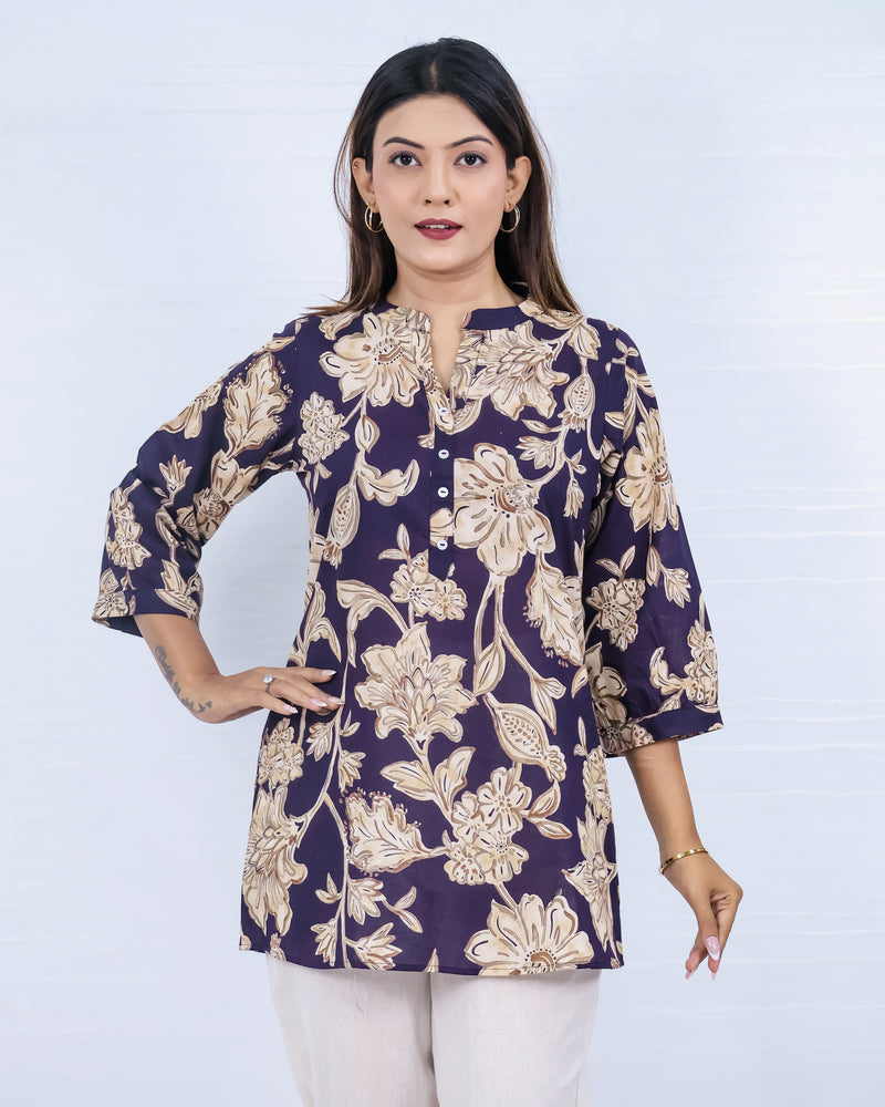 Women Blue cotton Print Relaxed Fit Top