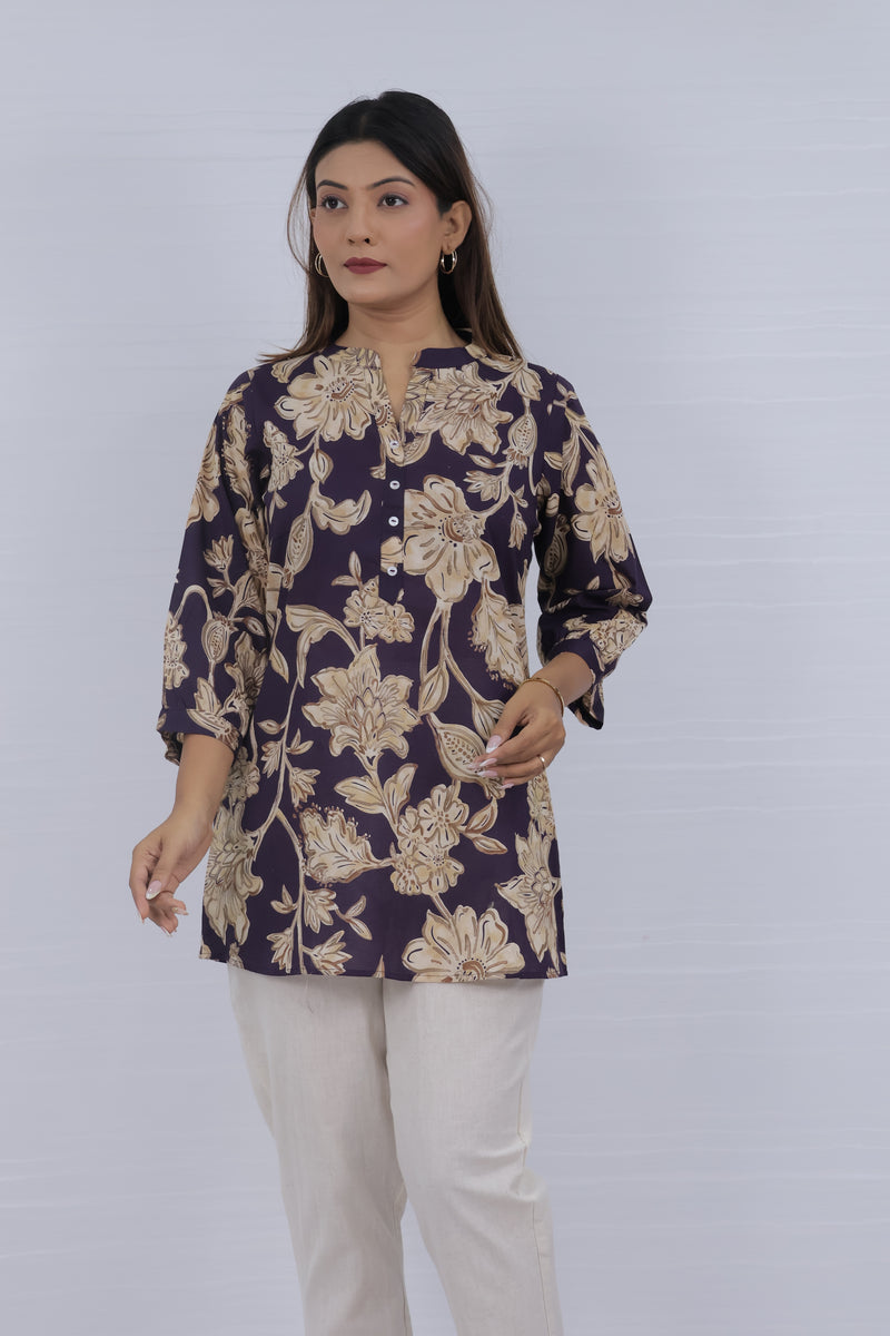 Women Blue cotton Print Relaxed Fit Top