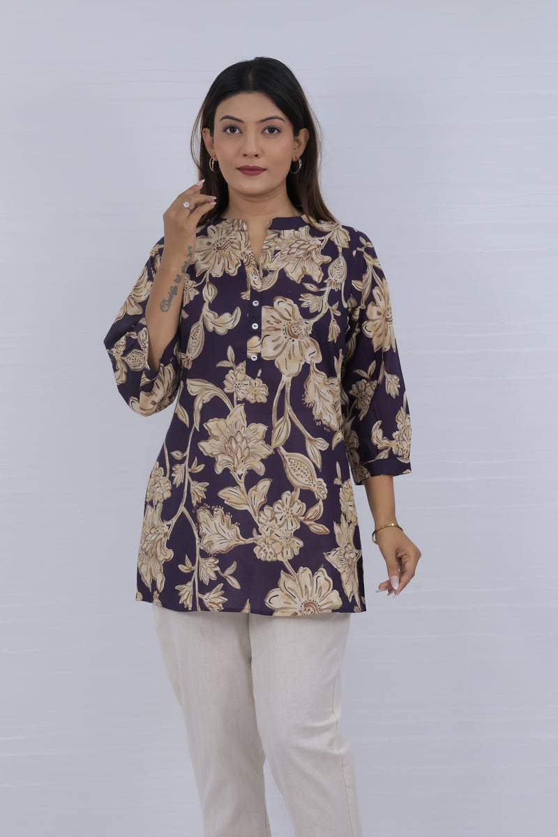 Women Blue cotton Print Relaxed Fit Top