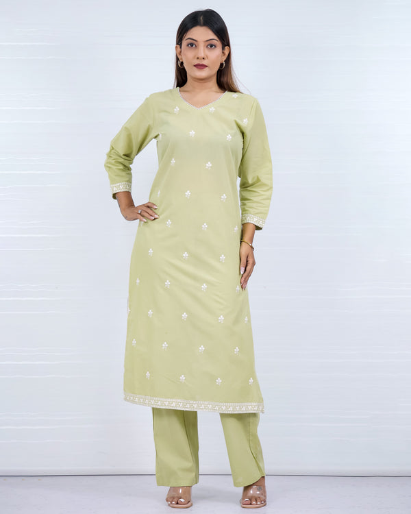 Women Green Embroidered Kurti Plazo