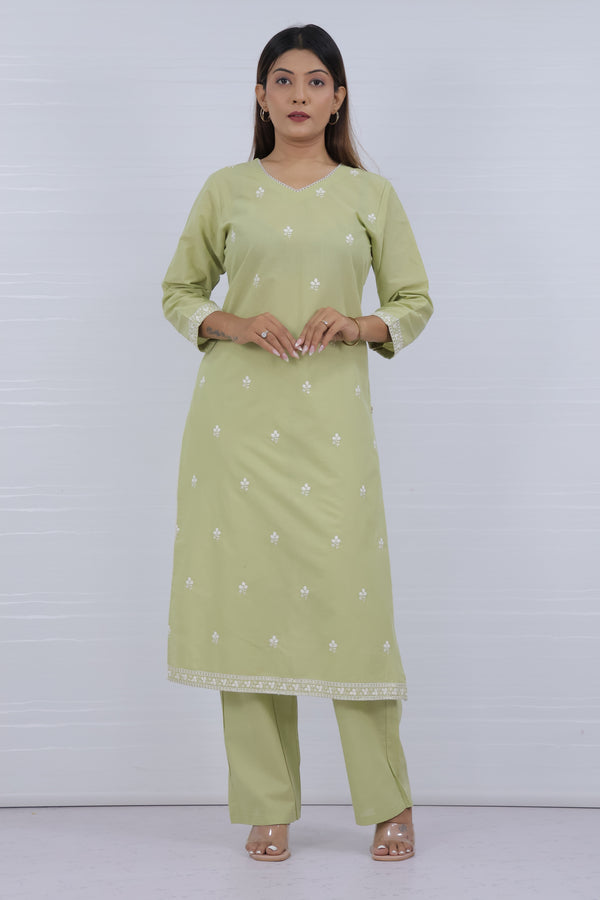 Women Green Embroidered Kurti Plazo