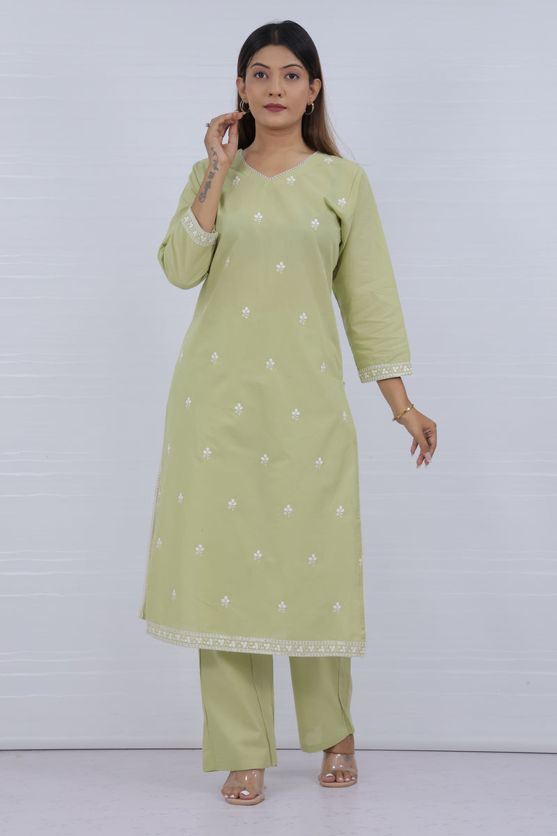 Women Green Embroidered Kurti Plazo