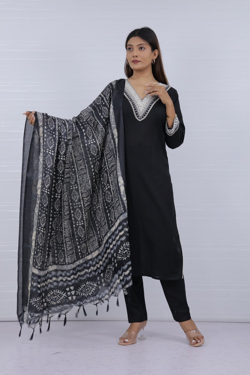 Kaya Black Flax Cotton Suit