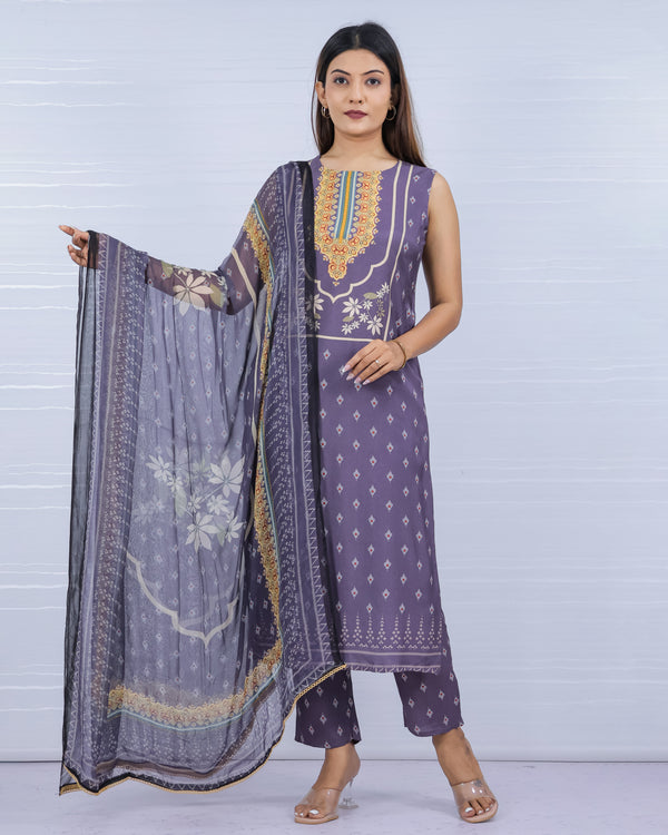 Purple Printed Viscose Rayon Suit
