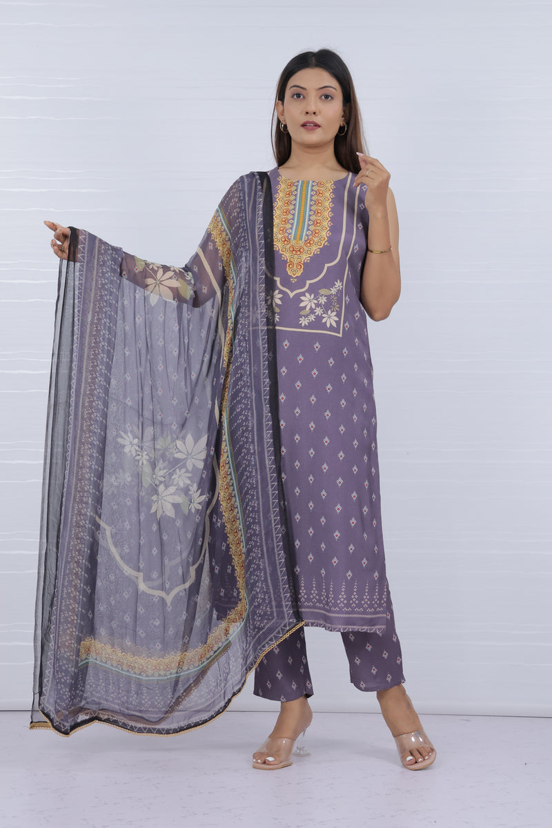Purple Printed Viscose Rayon Suit