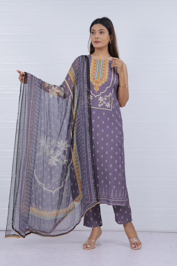Purple Printed Viscose Rayon Suit