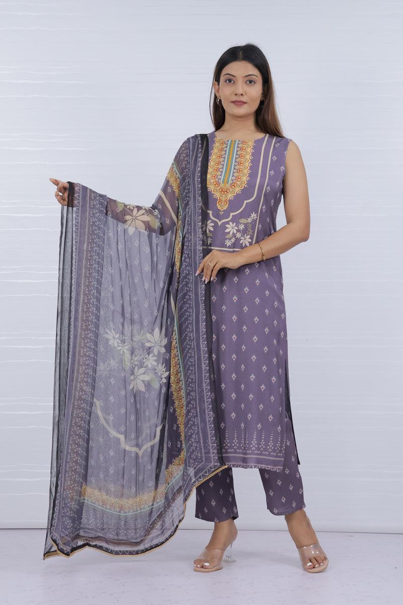 Purple Printed Viscose Rayon Suit