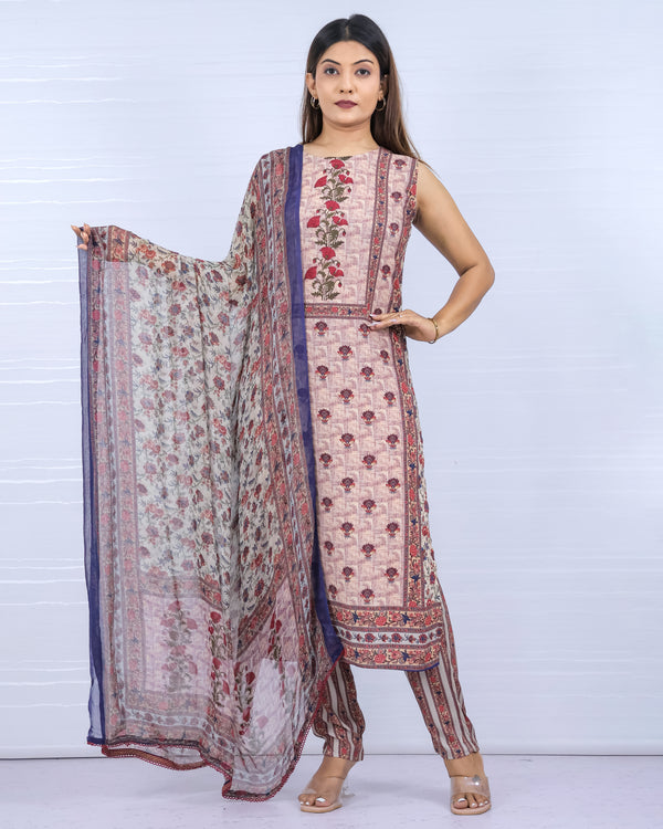 Beige Printed Viscose Rayon Suit